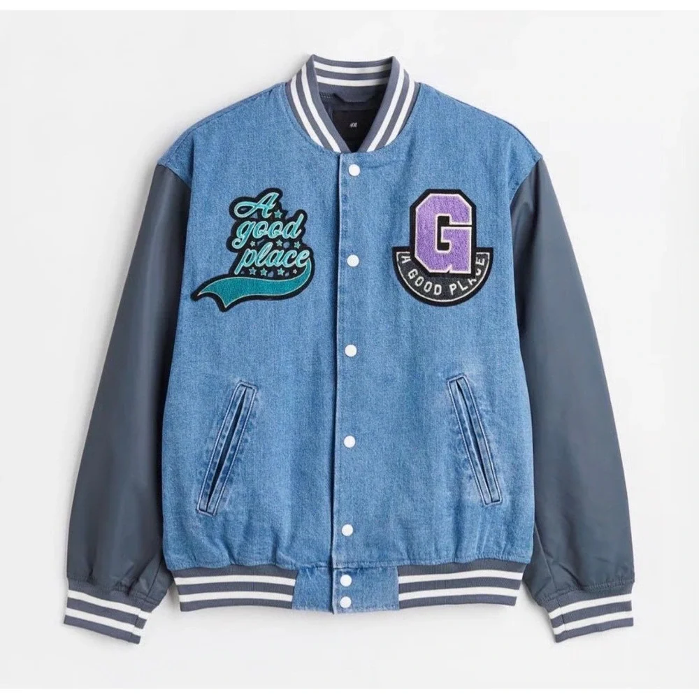 HM Mens Denim Varsity Jacket Blue Gray A Good Place Chenille Patch Bomber M